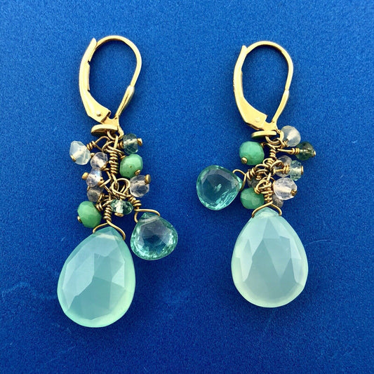 India Sterling Silver Vermeil Green Blue Opalescent Beads Drop Dangle Earrings