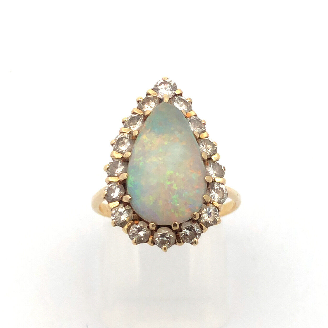 Vintage 14K Yellow Gold Pear Opal Cabochon Diamond Halo Cocktail Ring