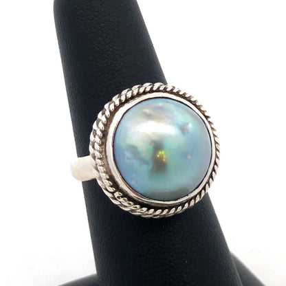 Vintage 925 Sterling Silver Round Akoya Pearl Bezel Solitaire Dome Ring