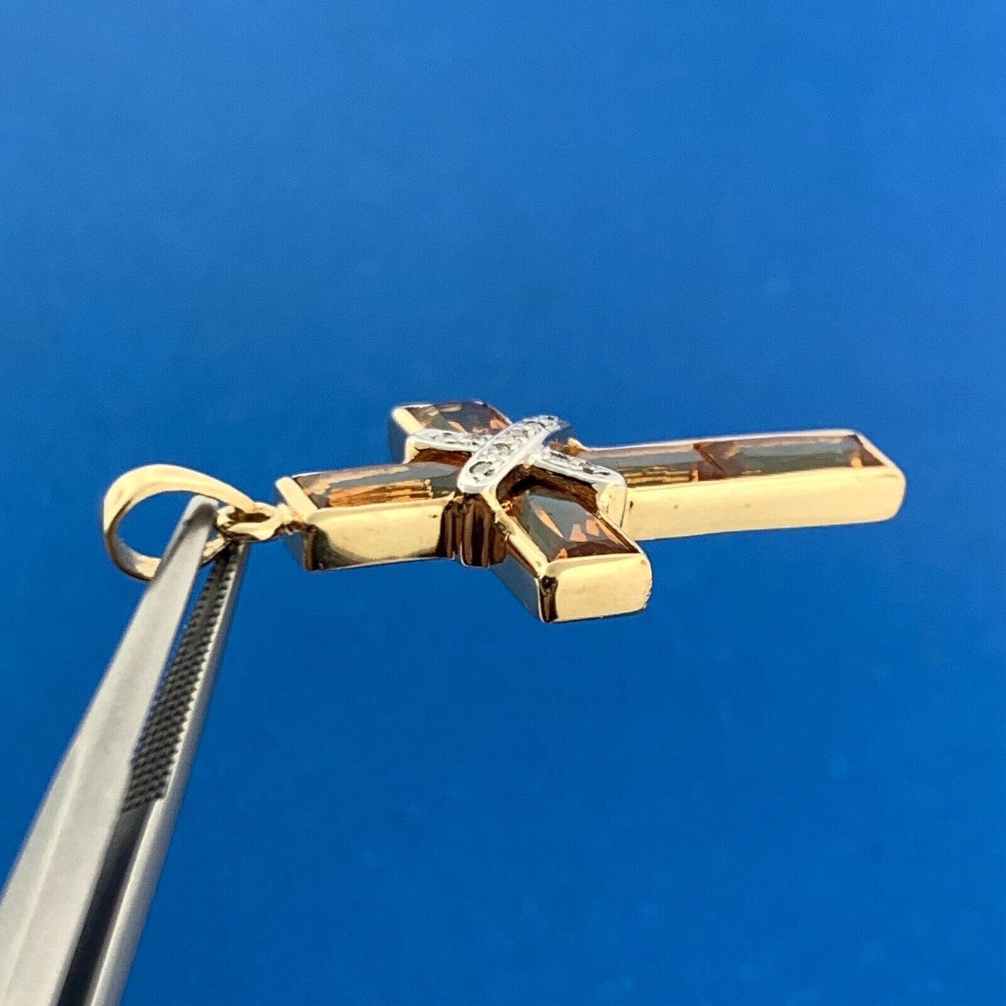 Designer 14K Yellow White Gold Citrine Diamond Accented Statement Cross Pendant