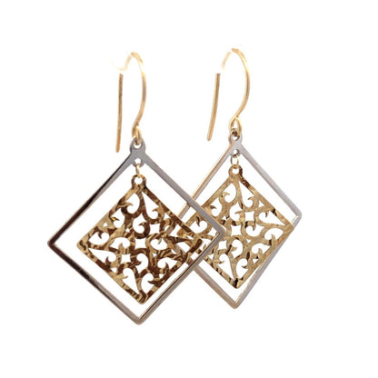Designer 14K Yellow White Gold Open Scroll Square Dangle Hook Earrings