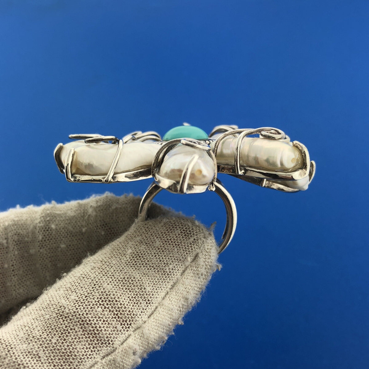 Designer 925 Sterling Silver CFJ Turquoise & Baroque Pearl Flower Floral Ring