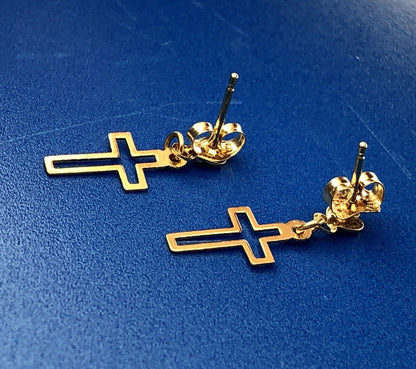 Retro 14K Yellow Gold Cross Cutout Religious Communion Dangle Stud Earrings