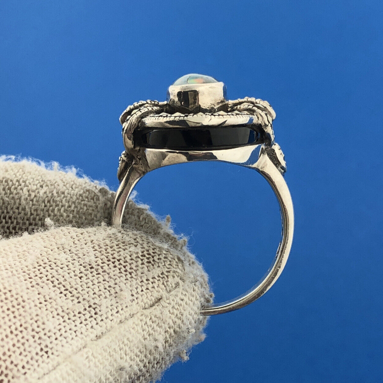 NF Thailand Sterling Silver Black Onyx Marcasite Opal Statement Cocktail Ring