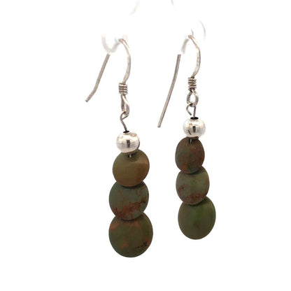 925 Sterling Silver Round Green Turquoise Disc Trio Dangle Hook Earrings