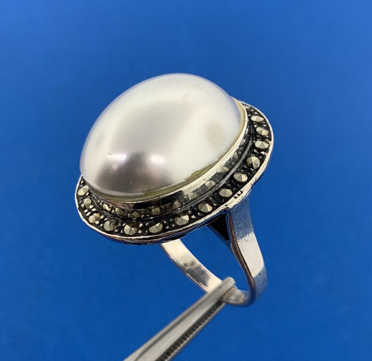 Designer 925 Sterling Silver Mabe Pearl Marcasite Halo Statement Cocktail Ring