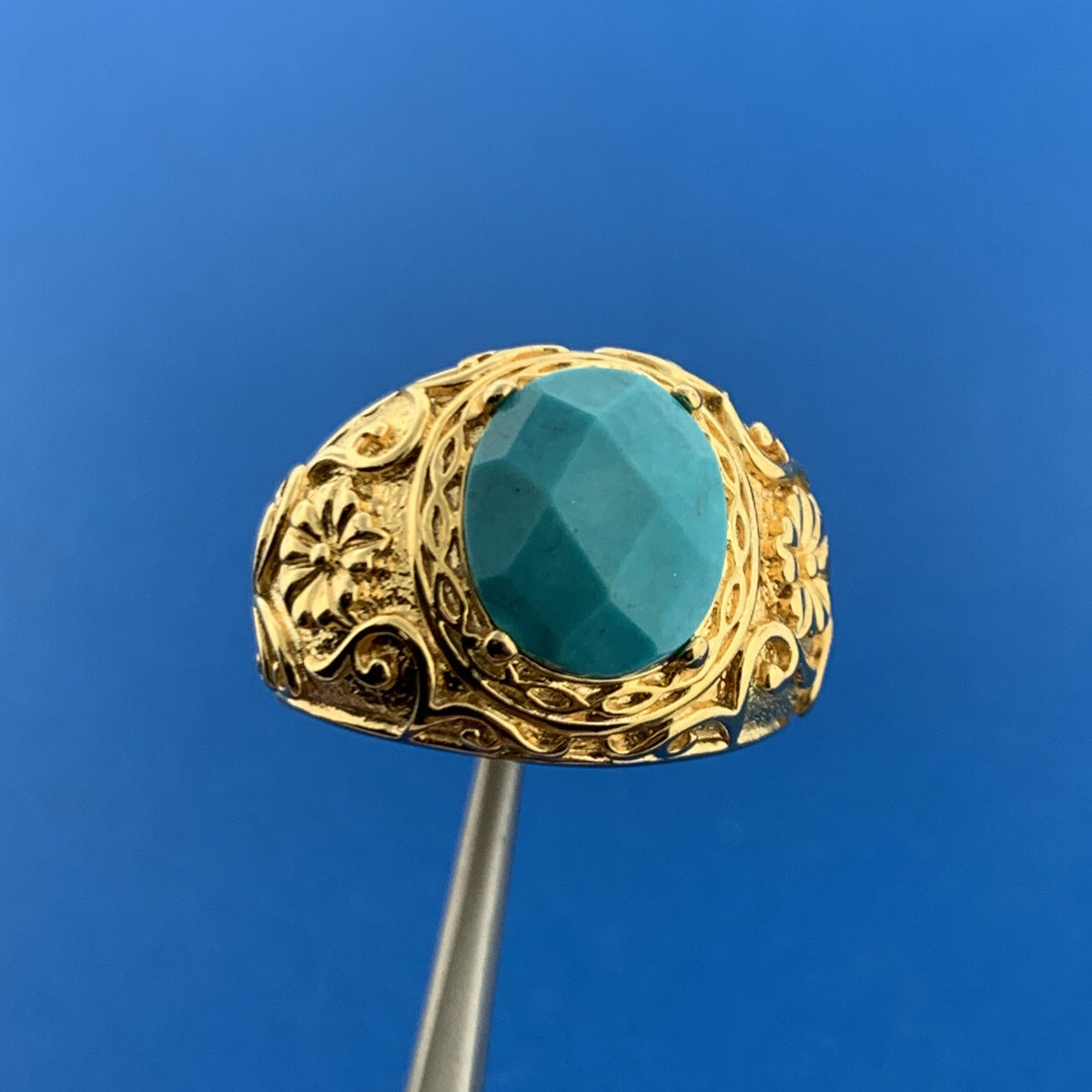 Designer RL Sterling Silver Vermeil Faceted Turquoise Floral Statement Dome Ring