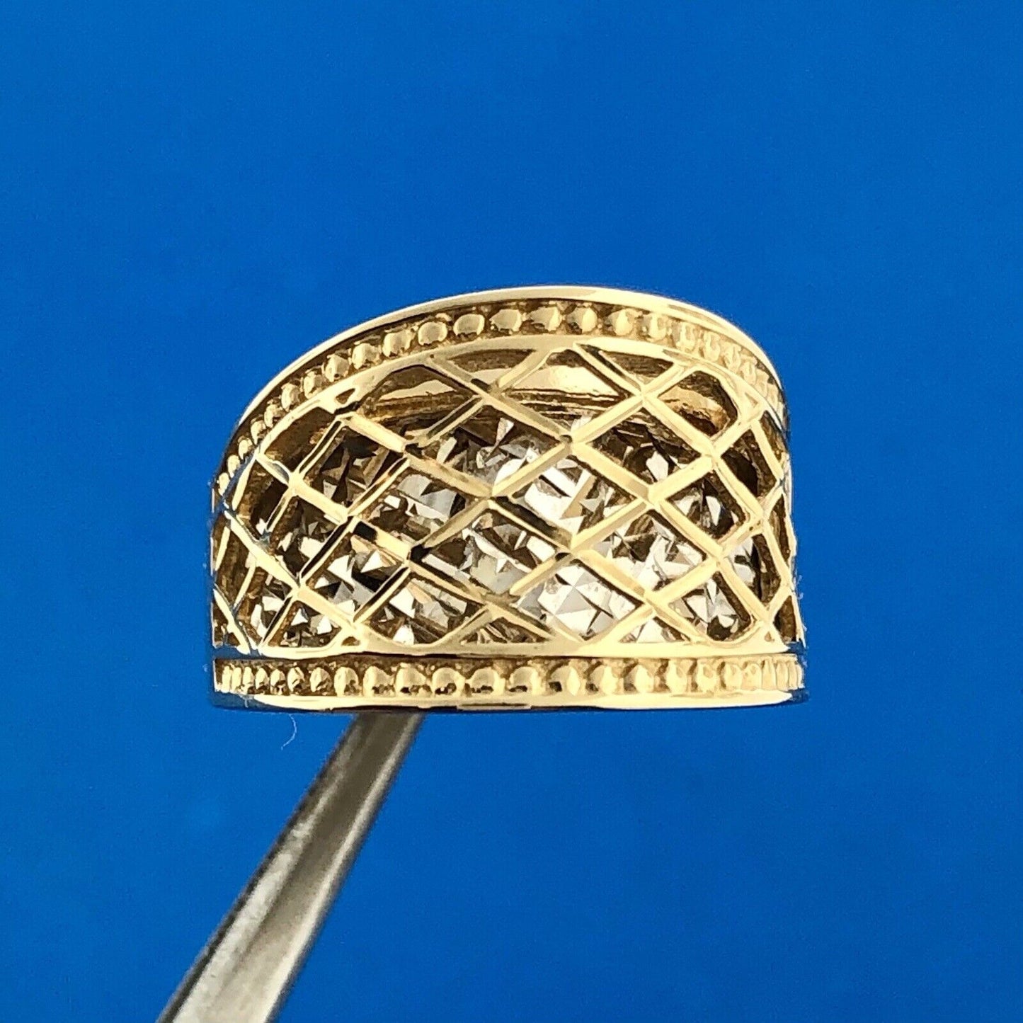 Designer 14K Yellow White Gold Diamond Cut Lattice Work Illusion Dome Ring