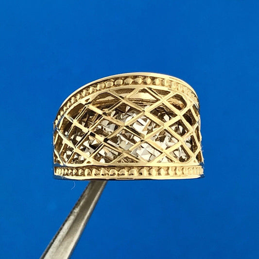 Designer 14K Yellow White Gold Diamond Cut Lattice Work Illusion Dome Ring