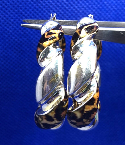 925 Sterling Silver Cheetah Print Enamel Twist Statement Hoop Earrings