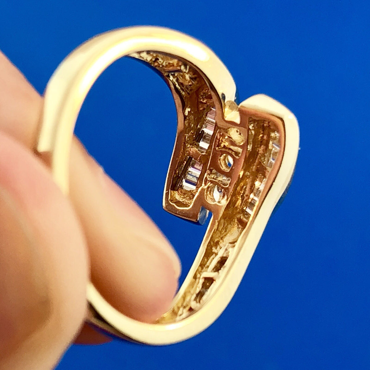 Retro Modernist 14K Yellow Gold Diamond Trio Accented Bypass Anniversary Ring