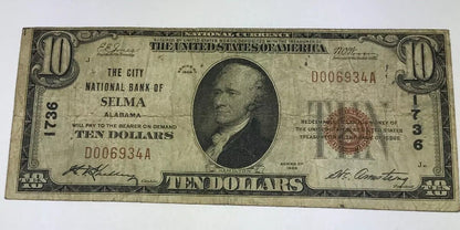 1929 Type 1 $10 The City National Bank of Selma Alabama Charter 1736 Tough Note!