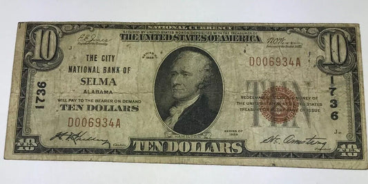 1929 Type 1 $10 The City National Bank of Selma Alabama Charter 1736 Tough Note!