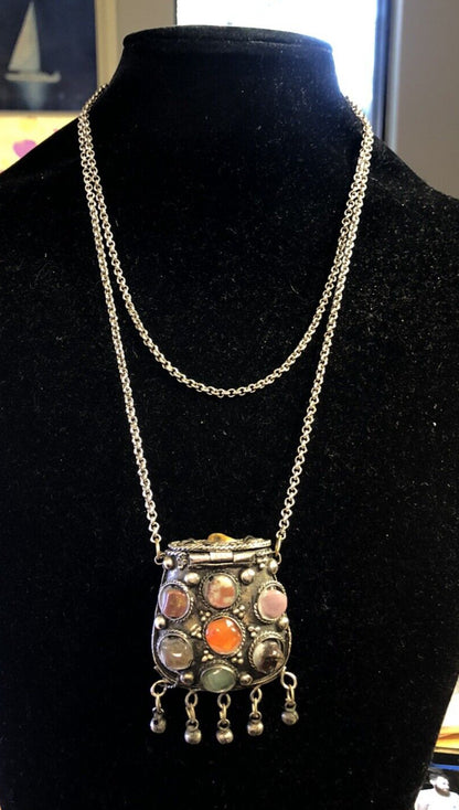 Vintage Sajai Metal Mixed Gemstone Silver Tone Prayer Box Coin Purse Necklace