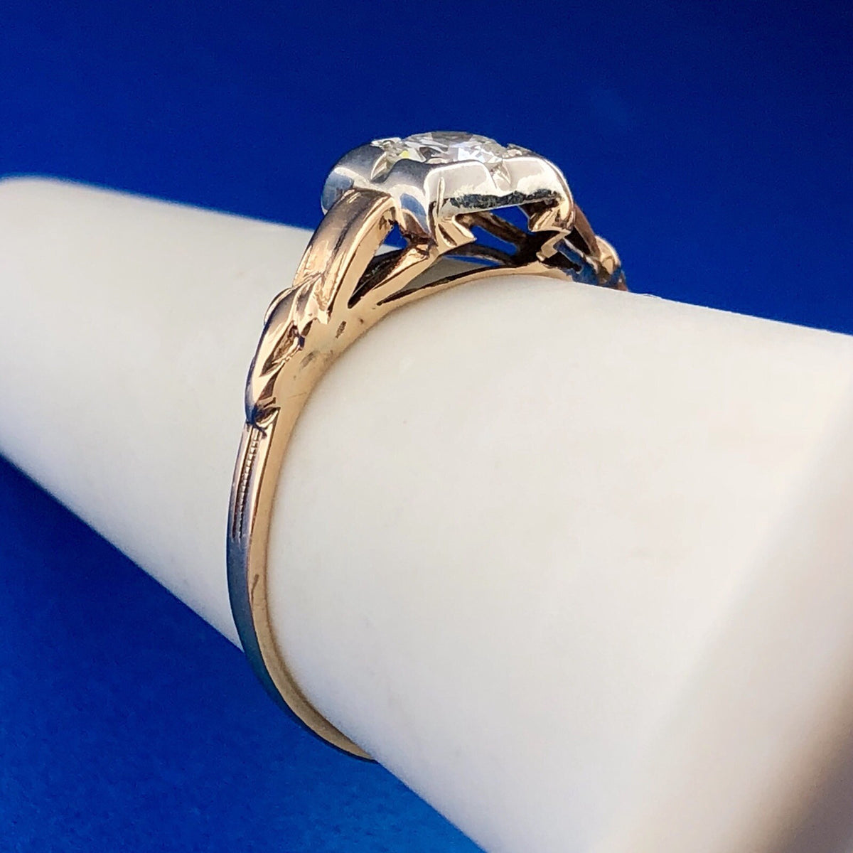 Art Nouveau Art Deco 14K Yellow Gold Diamond Solitaire Engagement Bridal Ring
