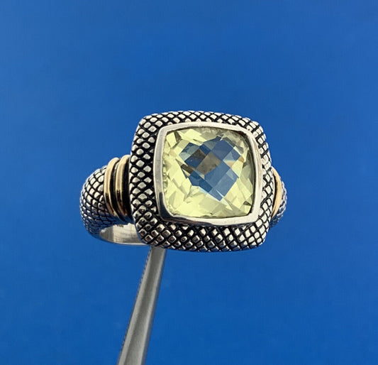 Designer 925 Sterling Silver 14K Gold Cushion Lemon Quartz Square Top Ring