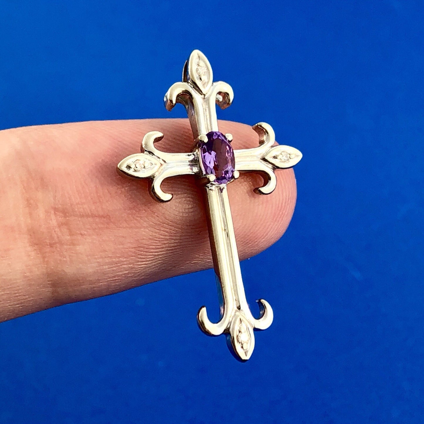 Designer 10K White Gold Amethyst Diamond Fleur De Lis Cross Religious Pendant