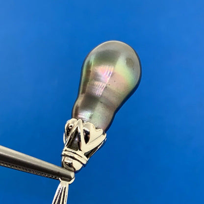 14K White Gold Peacock Baroque Pearl Solitaire Statement Drop Pendant