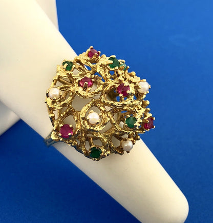 Vintage 18K Yellow Gold Ruby Emerald Pearl Christmas Tiered Dome Cocktail Ring