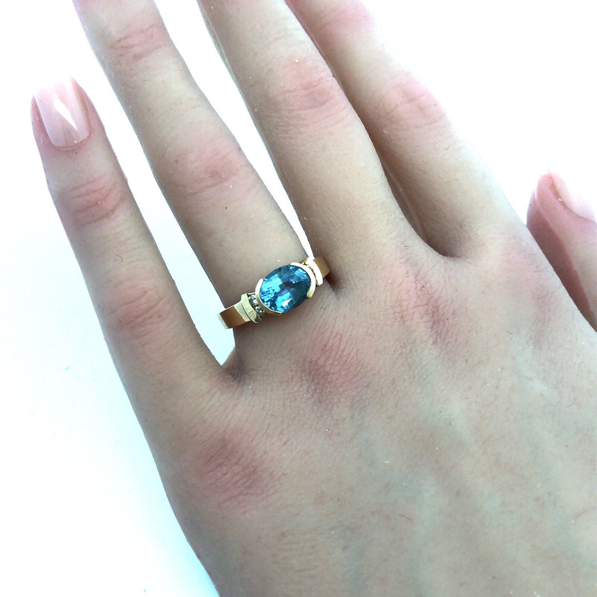 Estate Designer 14K Yellow Gold Oval Blue Topaz Diamond Accented Cocktail Ring