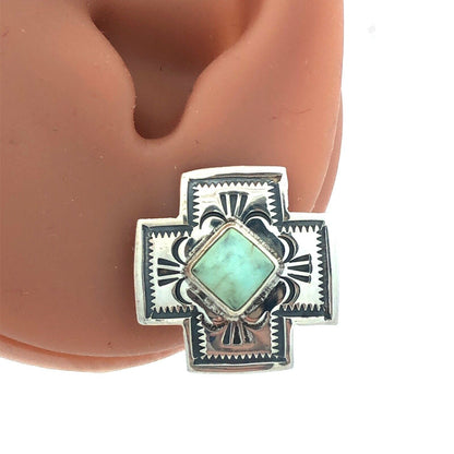 Native American 925 Sterling Silver Green Turquoise Concho Cross Clip On Earring