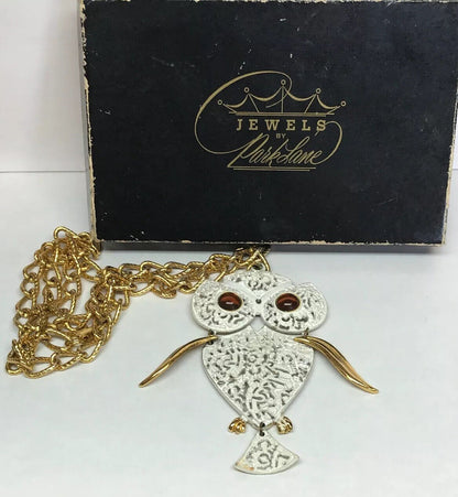 Park Lane Amber Eyes White Enamel Filigree 3D Owl Gold Tone Statement Necklace