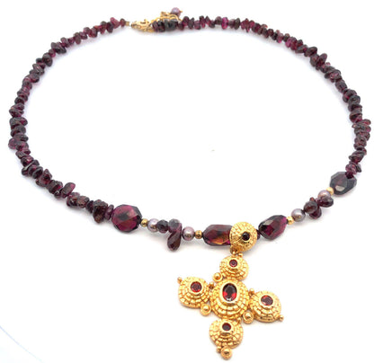 Vintage 925 Sterling Silver Gold Vermeil Amethyst Beaded Garnet Cross Necklace