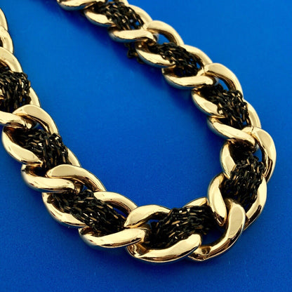 Ladies Gold Tone Curb Link Black Oval Cable Link Interwoven Statement Necklace