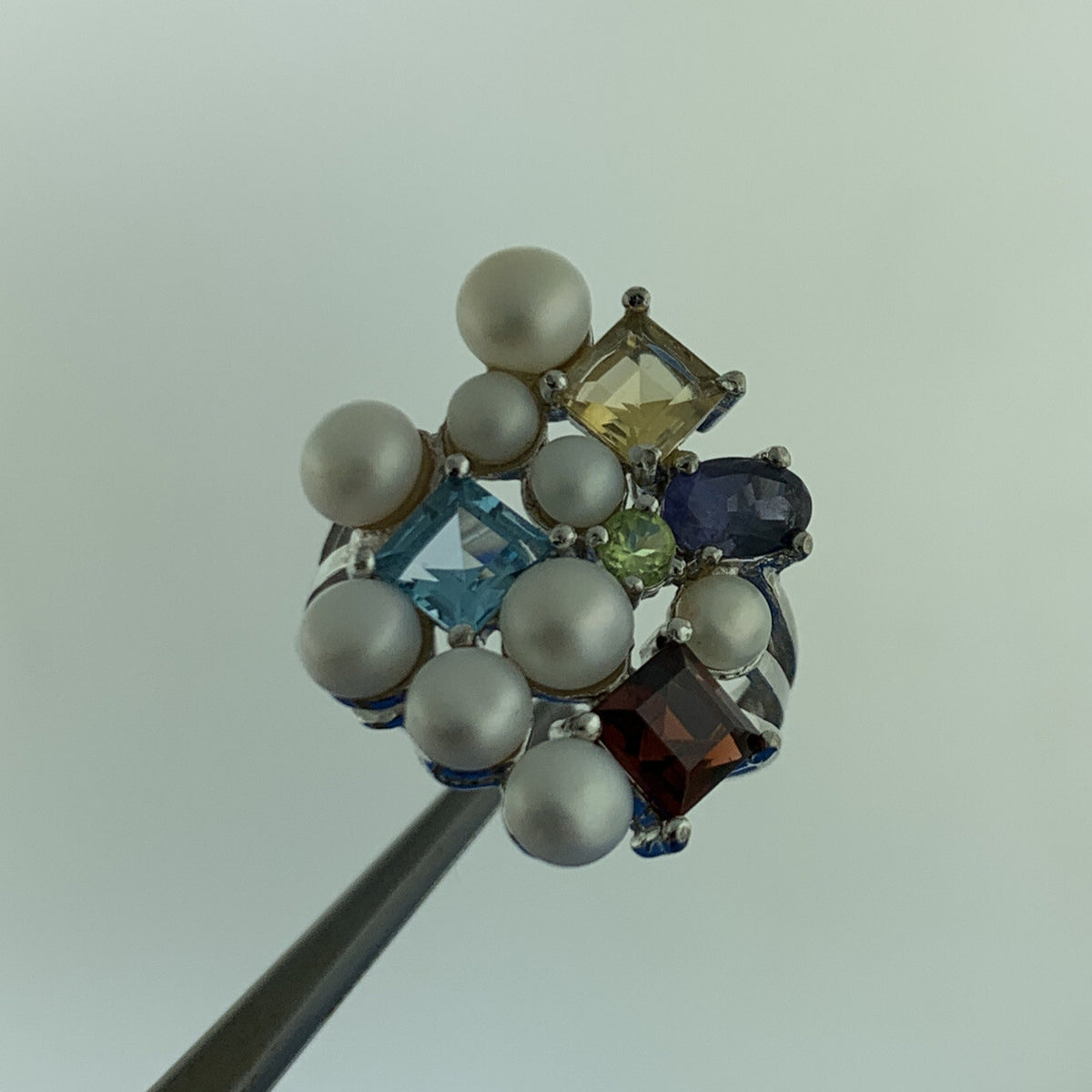 Designer Sterling Silver Mixed Gemstone Pearl Statement Modernist Cocktail Ring