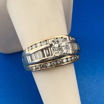 14k Yellow White Gold Princess Quad Diamond w/ Accent Triple Band Ring Size 6.75