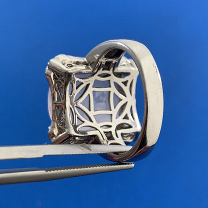 Estate Cushion Cut Rose Quartz Sterling Silver Diamond Accents Statement Ring