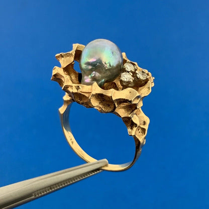 Gorgeous 14k Yellow Gold Black Pearl Diamond Nugget Basin Statement Ring Size 7