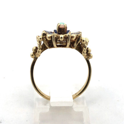 Vintage 14k Yellow Gold Opal and Blue Enamel Flower Ring