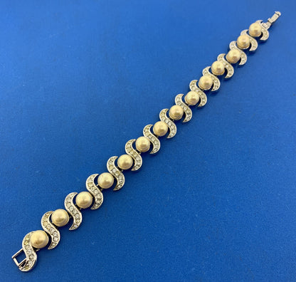 1955 Crown Trifari Silver Tone Faux Pearl & Rhinestone Statement Bracelet