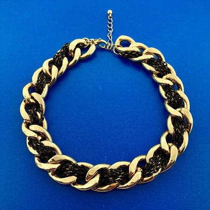 Ladies Gold Tone Curb Link Black Oval Cable Link Interwoven Statement Necklace