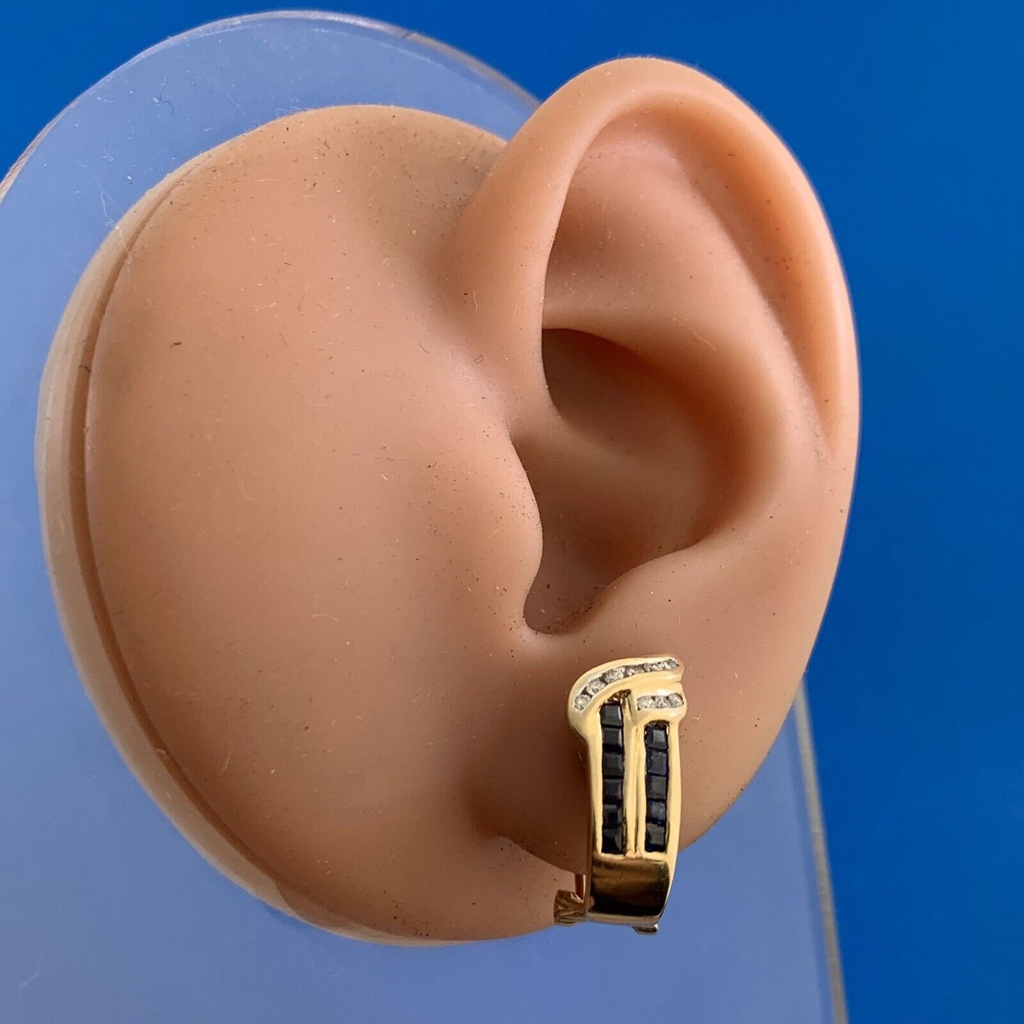 14K Yellow Gold Sapphire Diamond Omega Back Stud Earrings