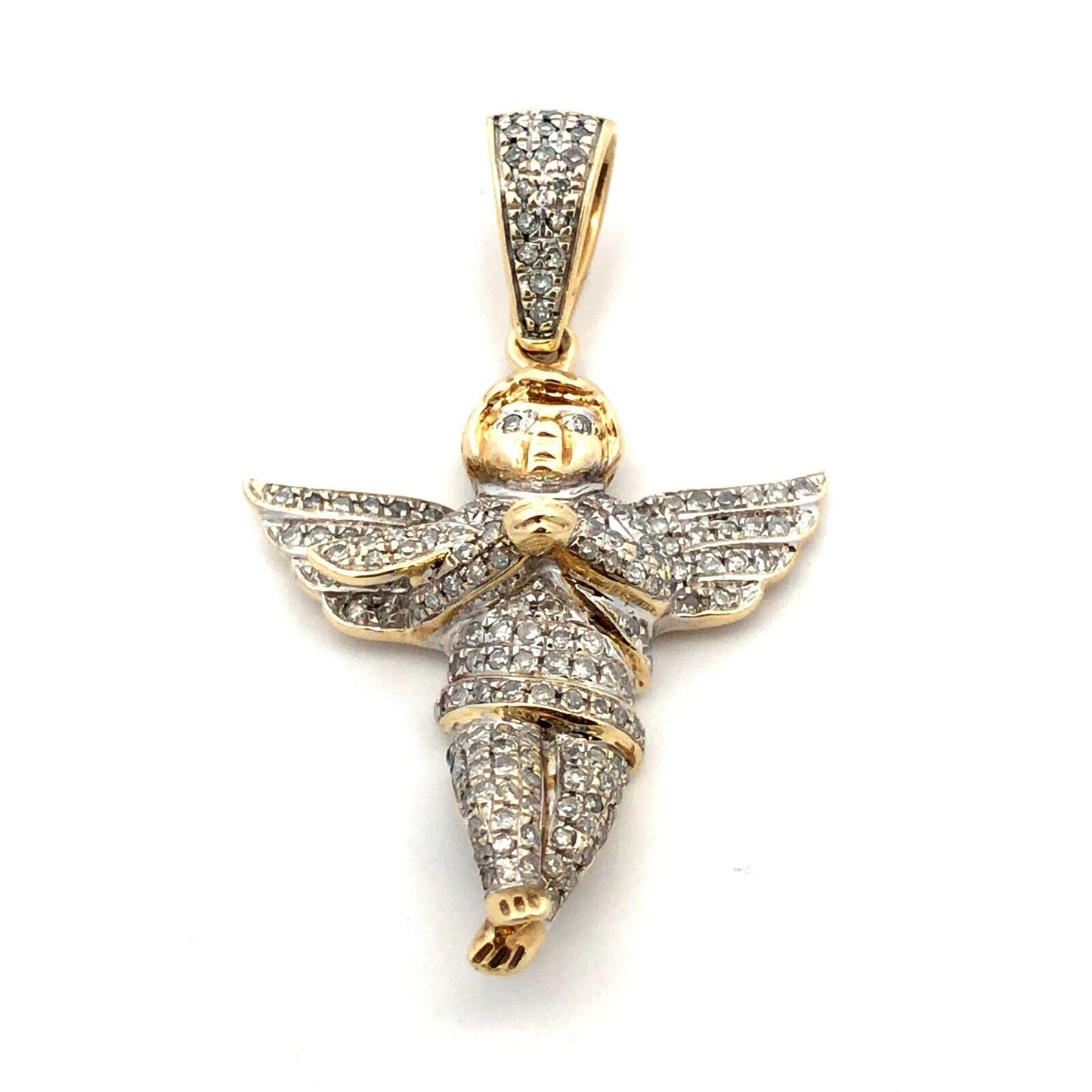 Designer 14K Yellow Gold Round Diamond 3D Cherub Angel Statement Pendant