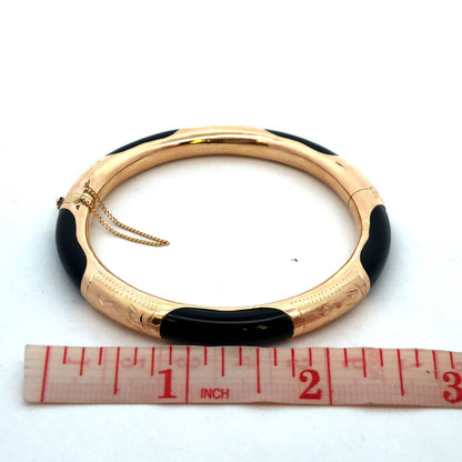 Vintage 14K Yellow Gold Black Onyx Engraved Round Hinged Bangle Bracelet