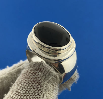 ESPO 925 Sterling Silver Oval Black Onyx Cabochon Statement Unisex Dome Ring