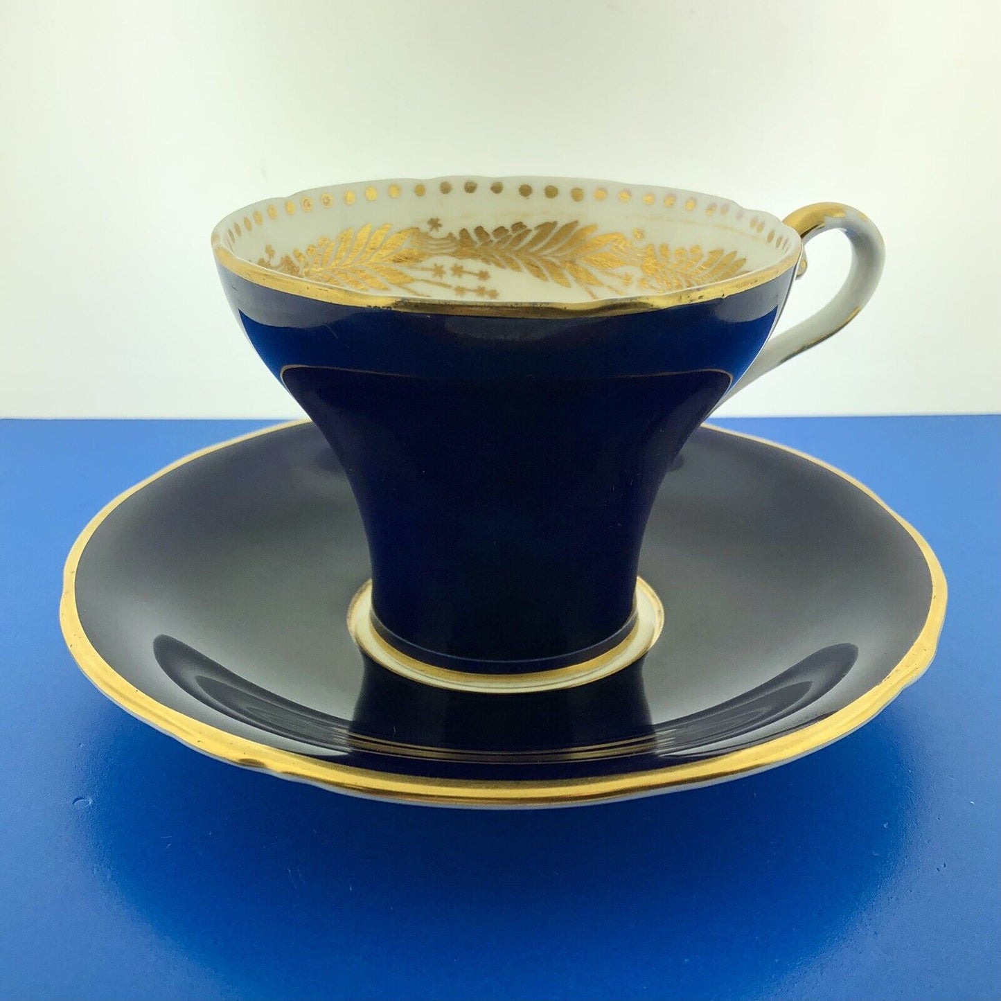 Aynsley English Bone China Cobalt Blue Gold Floral Vine Star Design Cup/Saucer