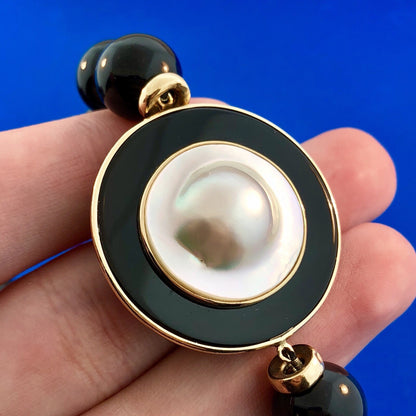 14K Yellow Gold Black Onyx Bead Mother Of Pearl Black White Modernist Necklace