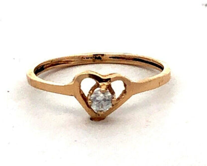 Estate 14K Yellow Gold Round White Tourmaline Solitaire Heart Love Promise Ring