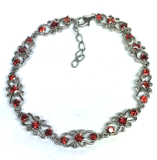 Sterling Silver 925 Estate Red Cubic Zirconia Open Work Statement Bracelet