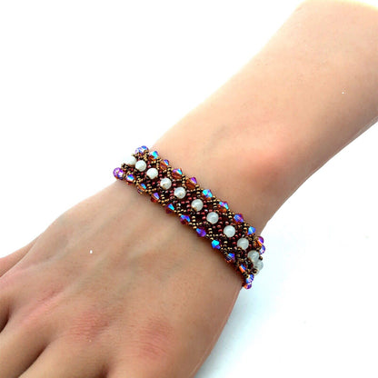 925 Sterling Silver Vintage Faux Pearl Crystal Woven Beaded Bracelet