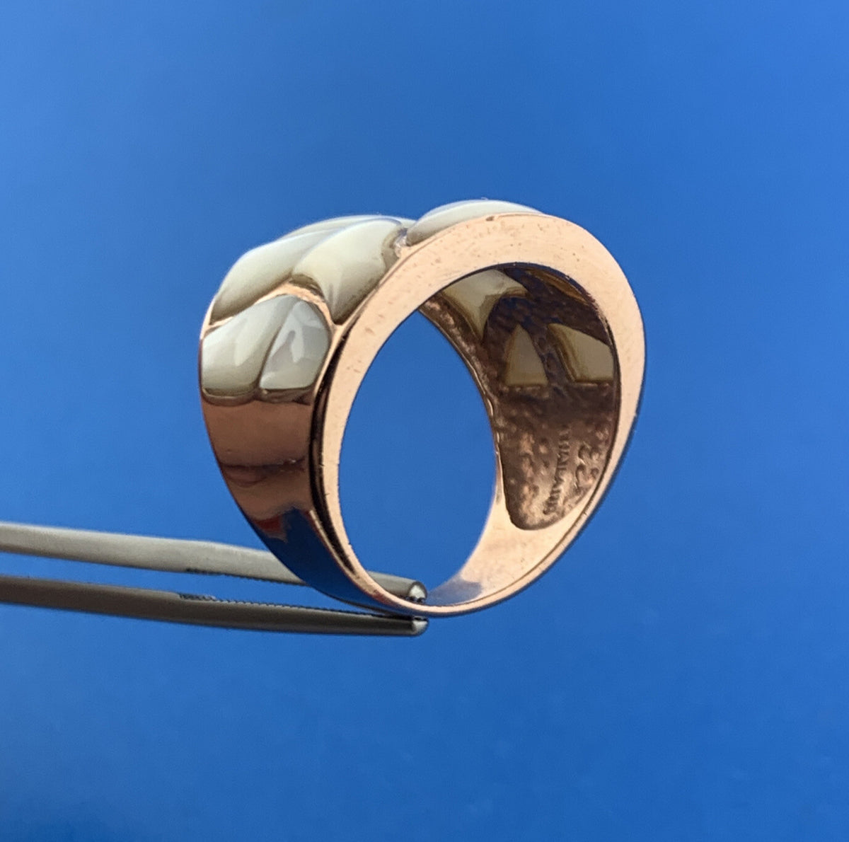 Designer Thailand Sterling Silver Rose Copper Toned Mother of Pearl Snake Ring