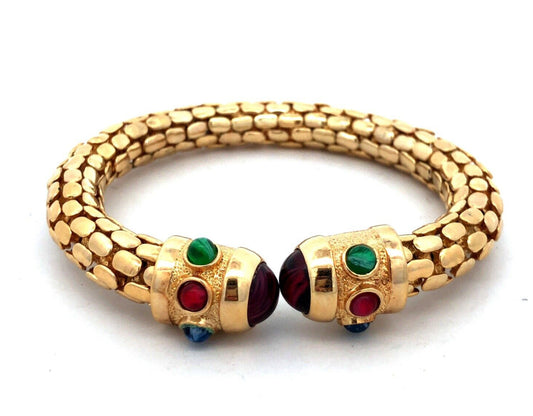 Vintage Runway Gold Tone Red Blue Green Glass Snake Skin Open Cuff Bracelet