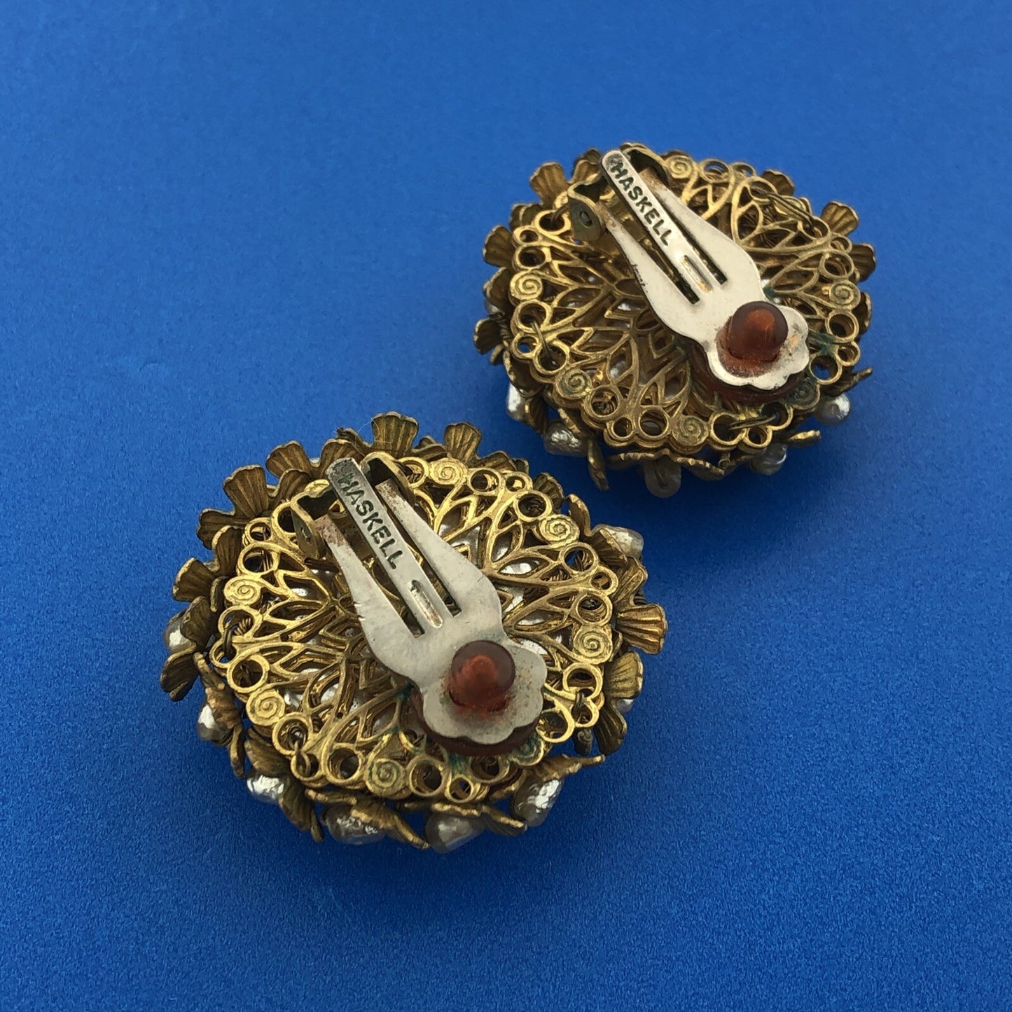 1950's Miriam Haskell Faux Baroque Pearl Birds Nest Statement Clip Earrings