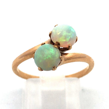Retro 14K Yellow Gold Fire Opal Duo Bypass October Birthstone Cocktail Ring