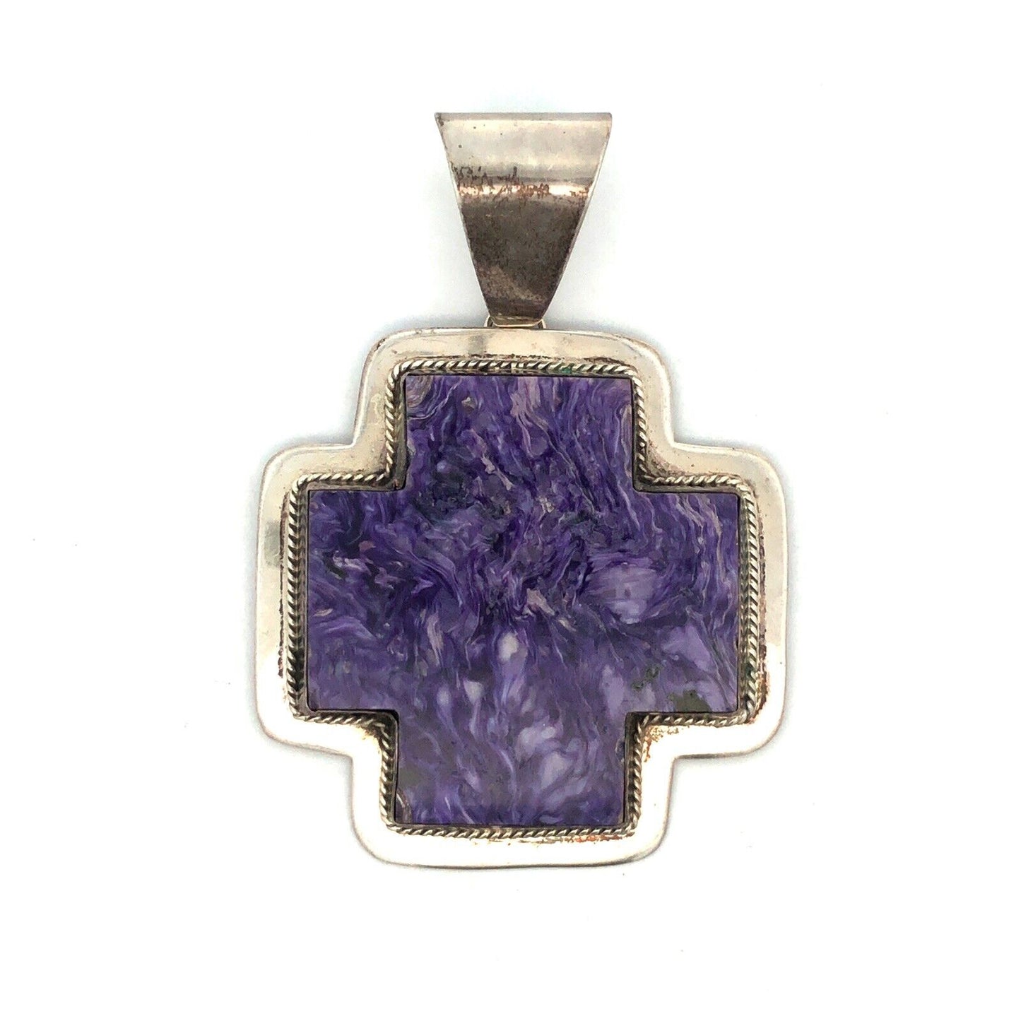 Native American Signed 925 Sterling Silver Charoite Statement Cross Pendant