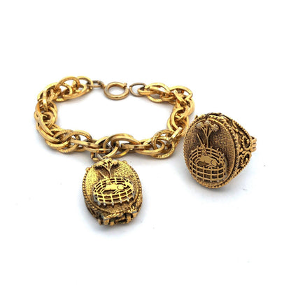 1960's Corday Rare Gold Tone Unicorn In Captivity Perfume Bracelet Ring 2 Pc Set